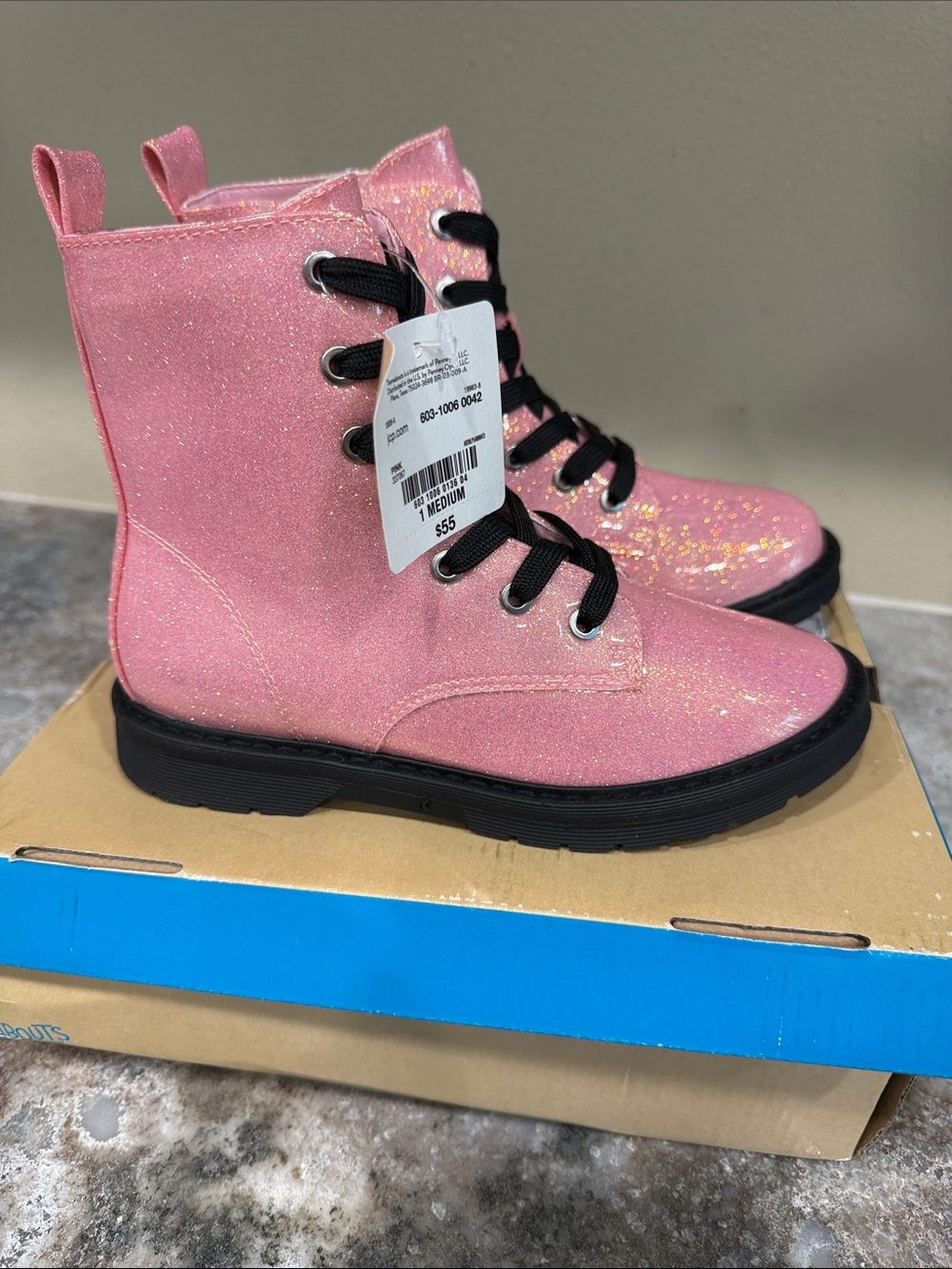 MIA Pink Glitter Lace-Up Kids Boots with Black Soles - Picture 2 of 5